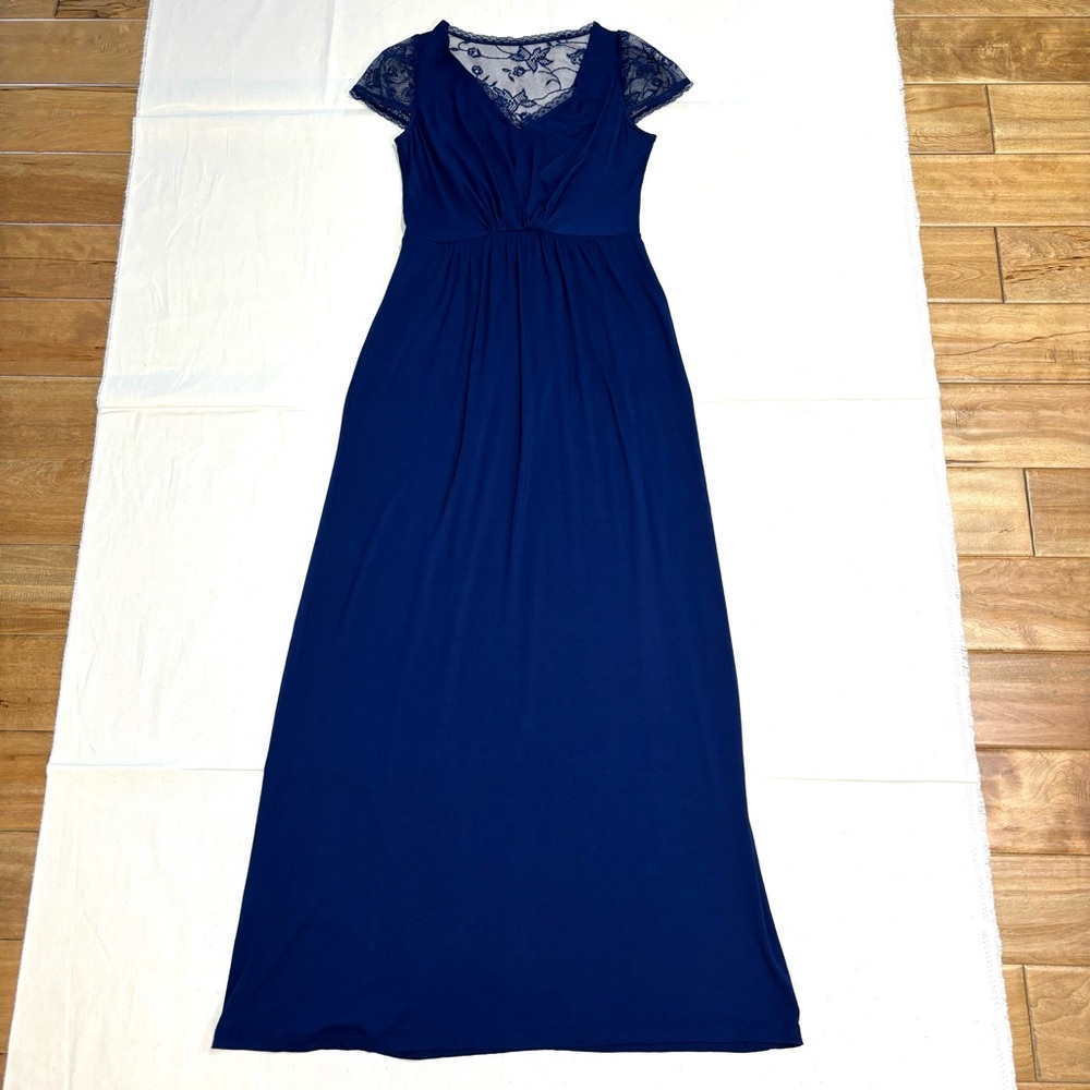 Navy Blue Maxi Dress Lace Cap Sleeves Lace Back Semi-Formal Casual - Picture 7 of 16